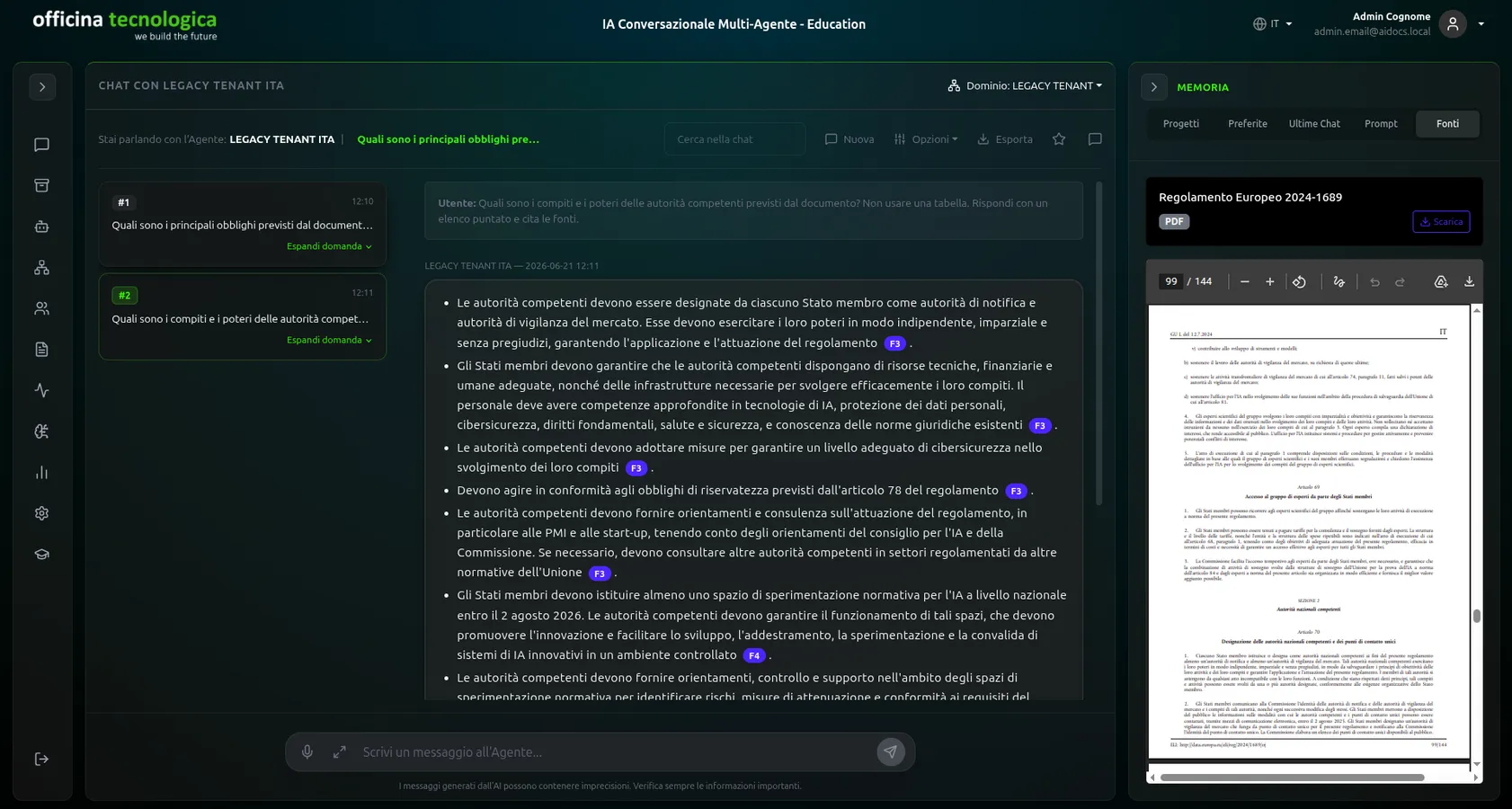 Interfaccia AIDOCS con risposta, citazioni delle fonti e documento originale visualizzato nella stessa schermata